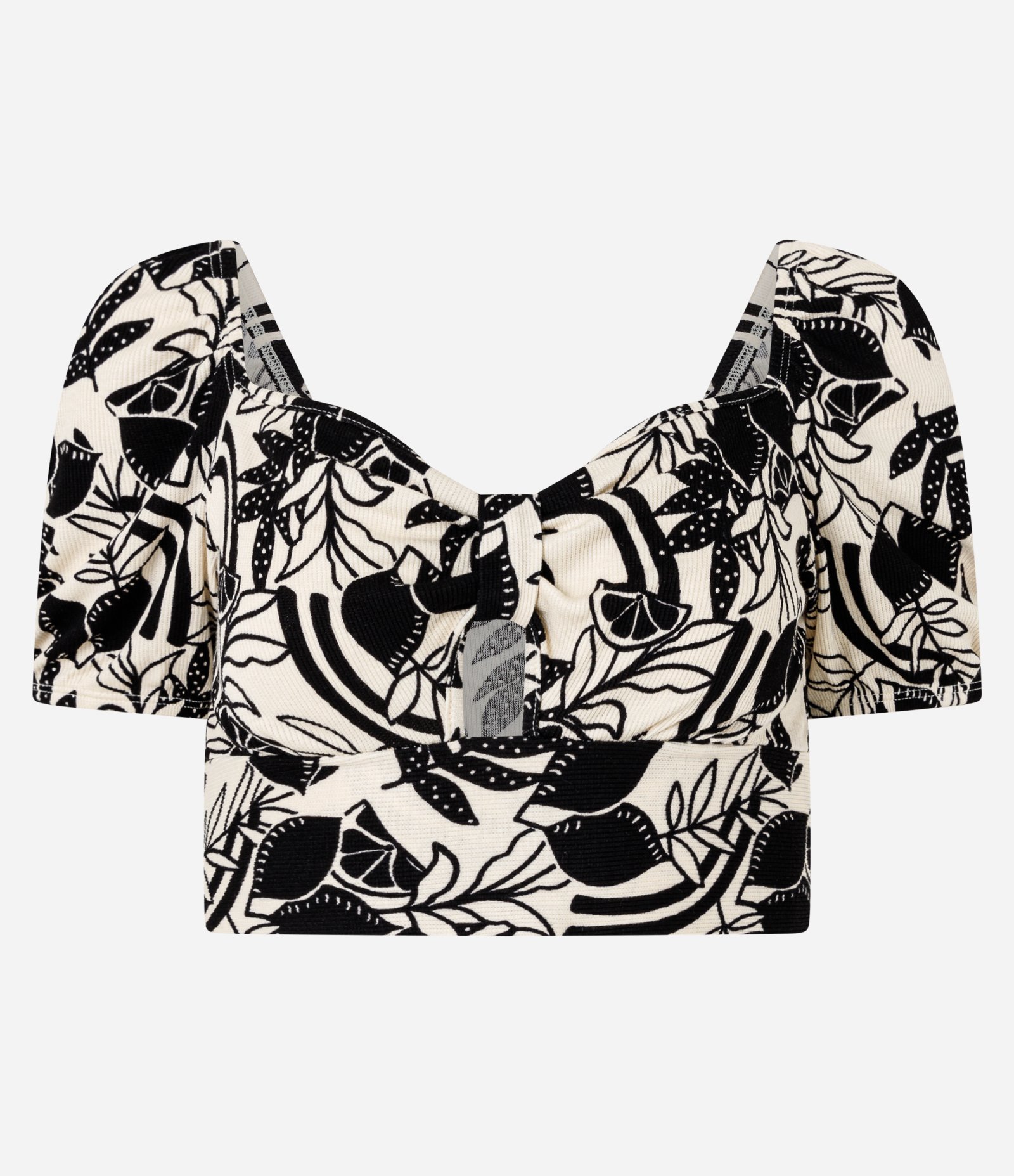 Blusa Cropped com Lacinho no Decote Manga Bufante e Estampa de Limoeiro Bege 4