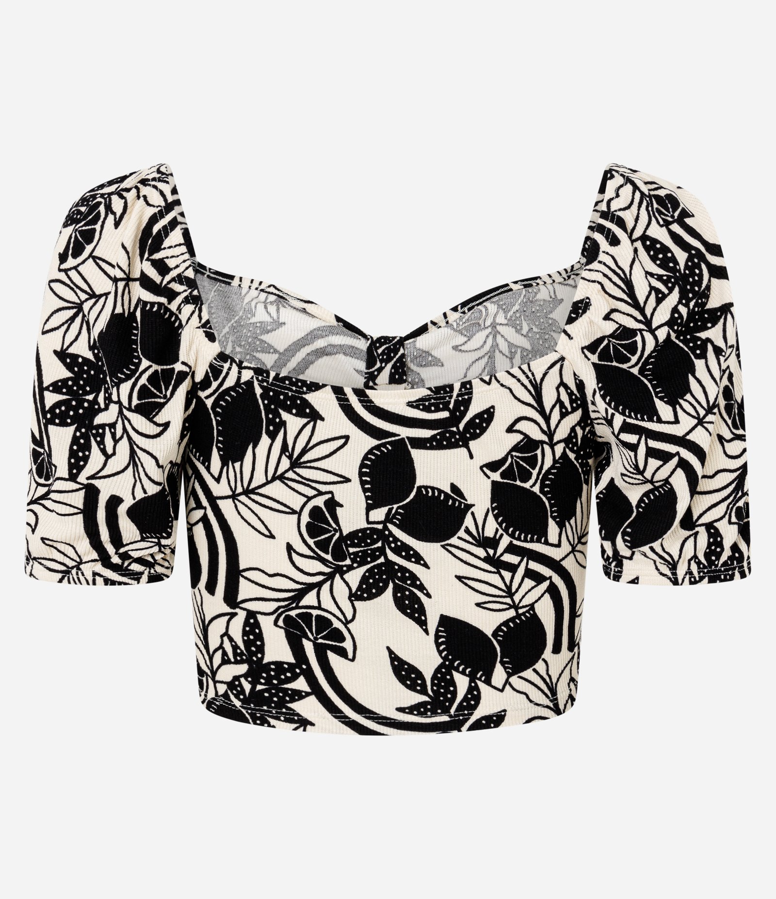 Blusa Cropped com Lacinho no Decote Manga Bufante e Estampa de Limoeiro Bege 6