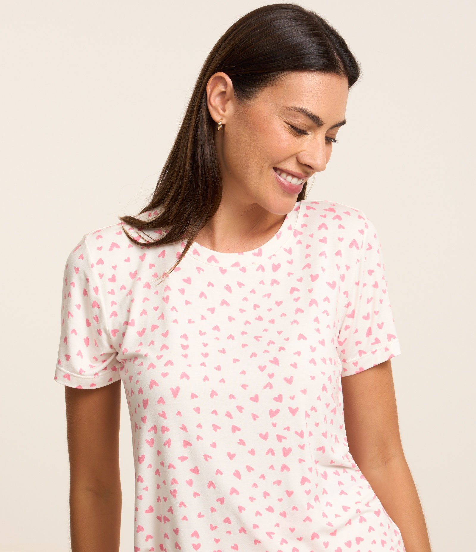 Blusa de Pijama com Estampa de Corações Branco/Rosa 3