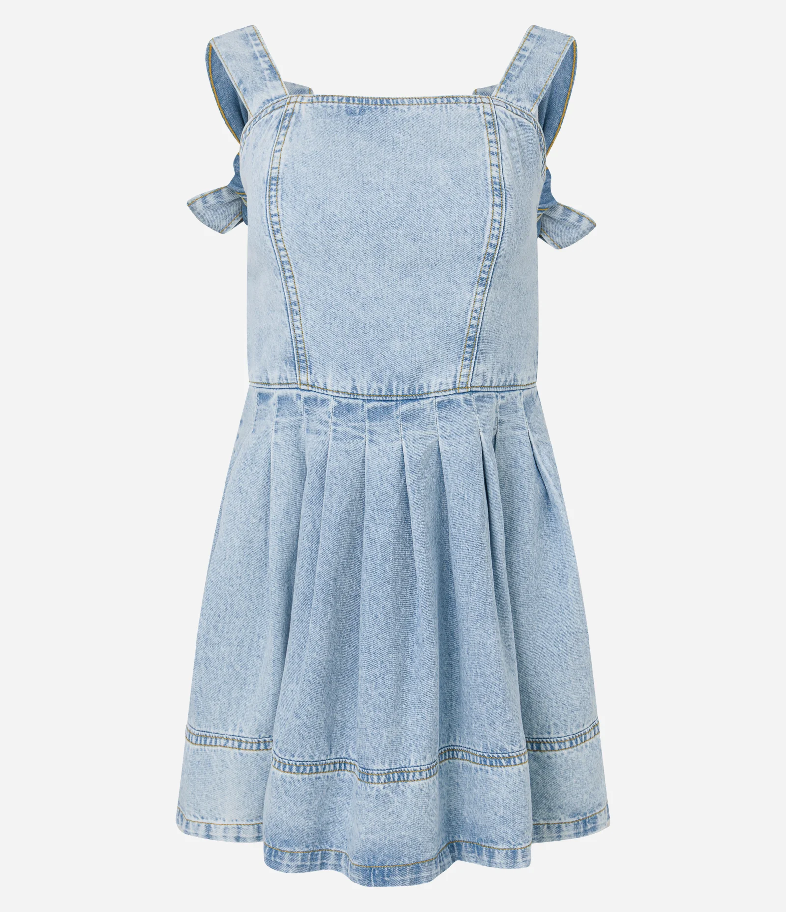 Vestido Curto Jeans com Saia Drapeada e Laços nas Alças Azul 5