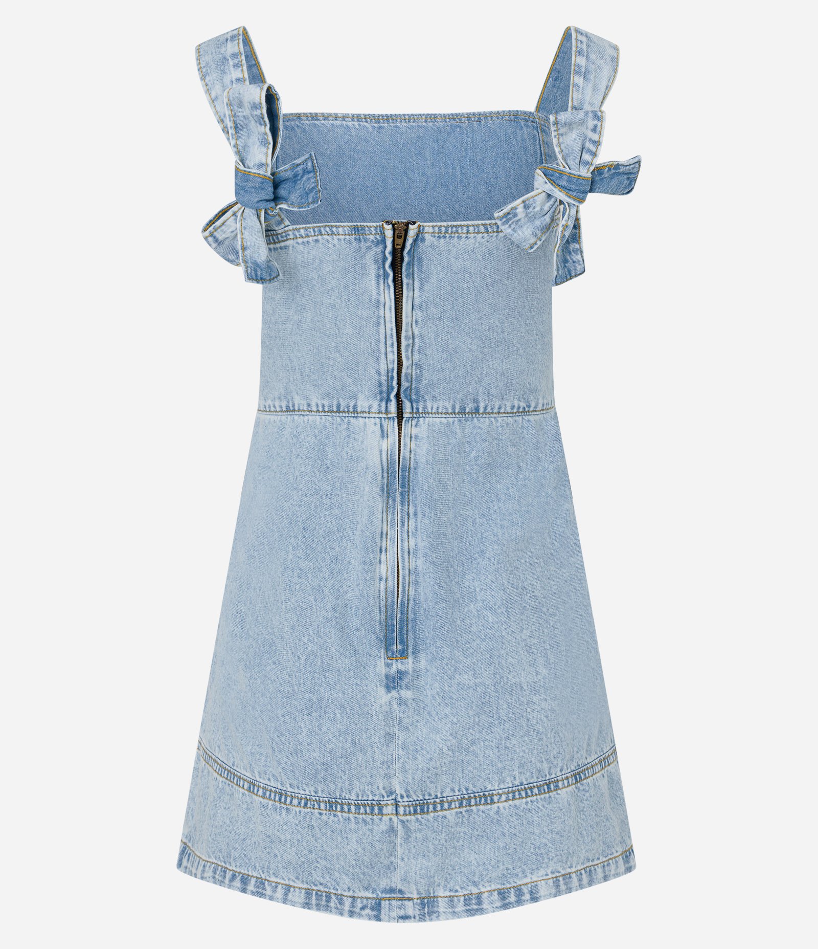 Vestido Curto Jeans com Saia Drapeada e Laços nas Alças Azul 6