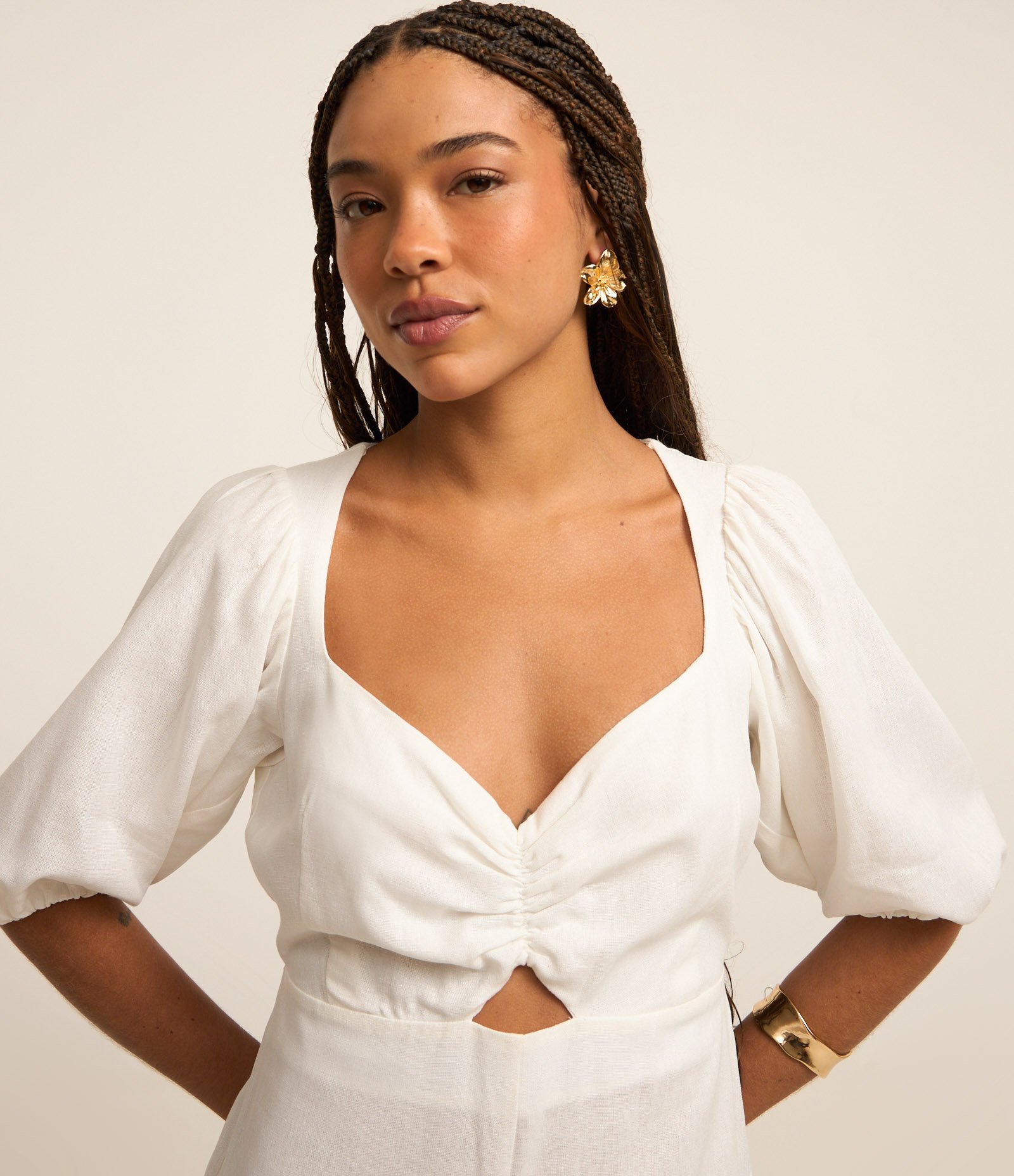 Macacão Longo em Viscolinho com Manga Bufante Branco 3