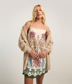 Vestido Curto em Viscose e Linho com Estampa Folhagens e Arara