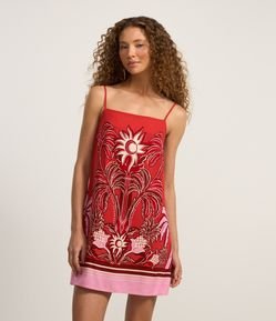 Vestido Curto em Viscose e Linho com Estampa de Folhagens