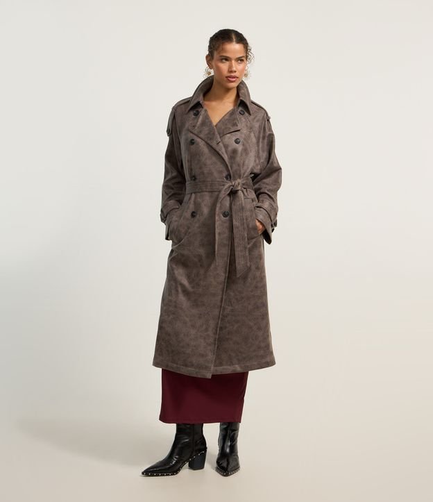 Trench Coat em PU Manchadinho com Faixa para Amarração