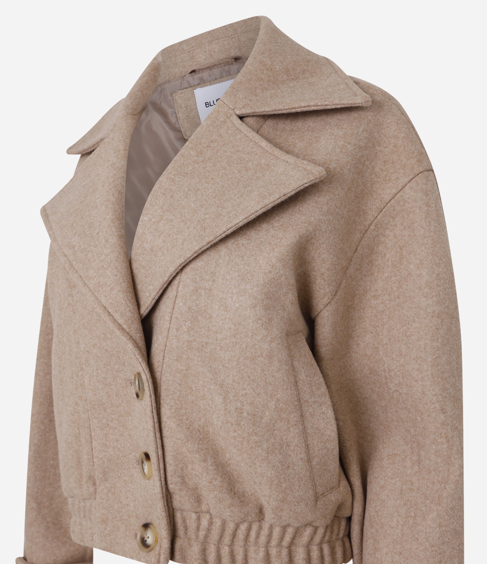 Casaco Bomber em Polivelour com Gola Virada e Botões Bege 2