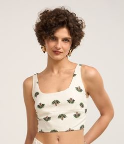 Blusa Cropped em Viscolinho com Estampa Folhagens