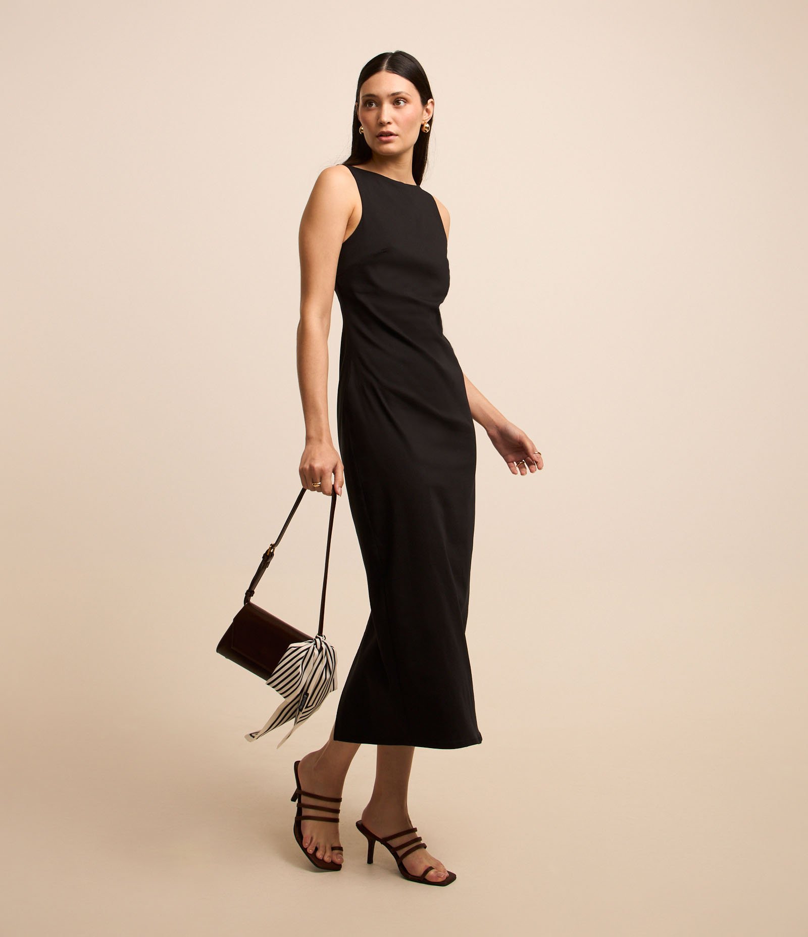 Vestido Long Midi Sem Manga em Bengaline com Fenda Preto 2