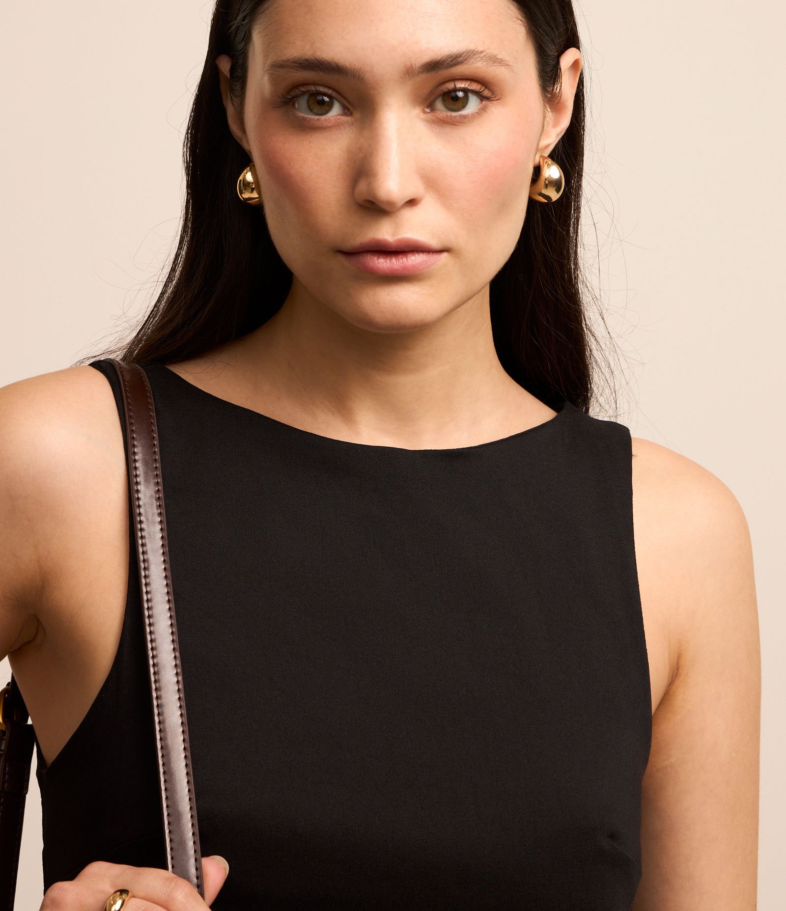 Vestido Long Midi Sem Manga em Bengaline com Fenda Preto 3