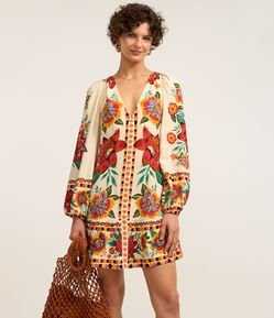 Vestido Curto em Viscose e Linho com Manga Bufante e Estampa Floral