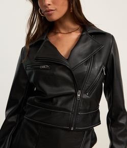 Jaqueta Biker Cropped em PU com Zíper e Pespontos
