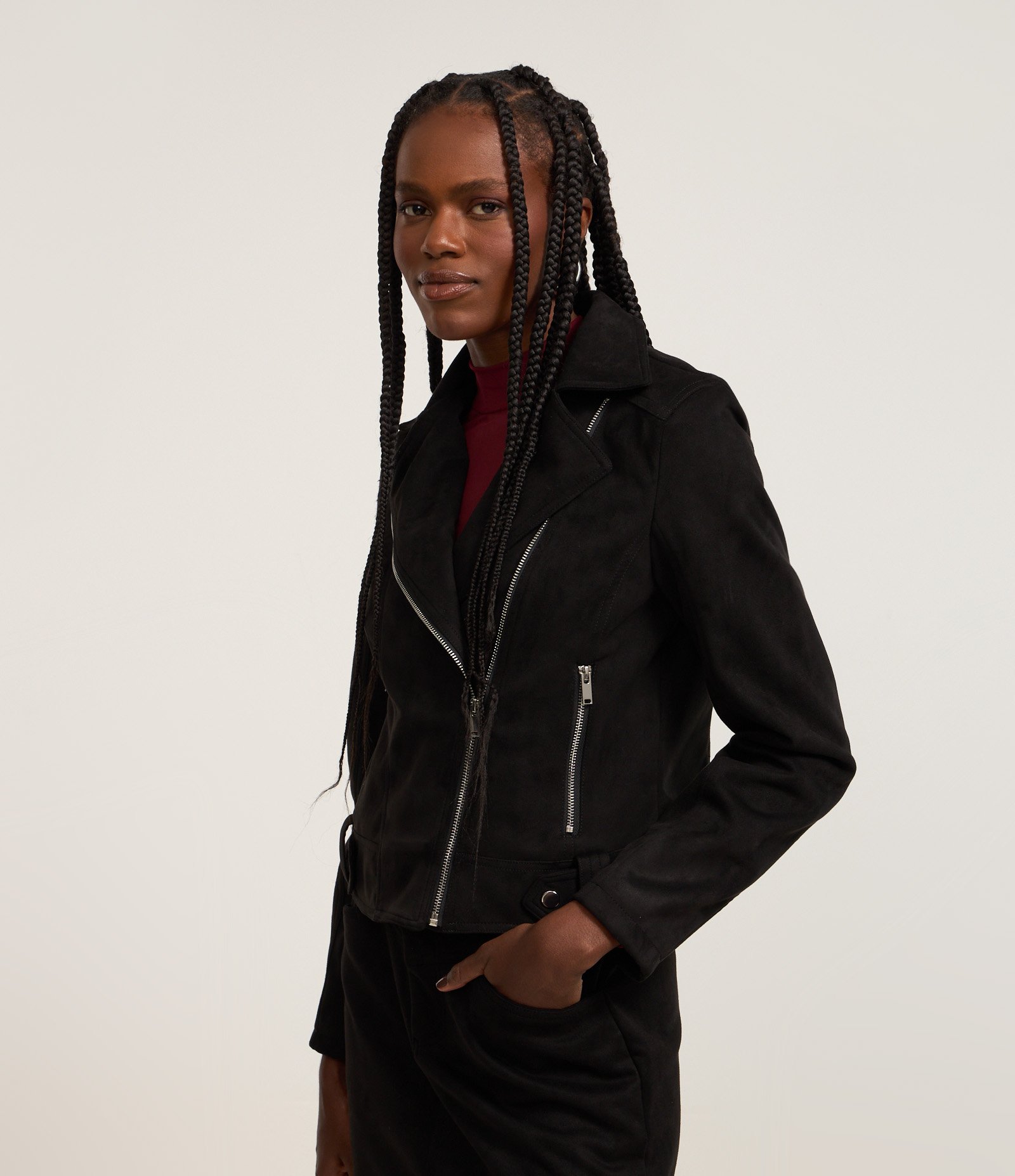 Jaqueta Biker em Suede com Bolsos e Zíper Preto 1