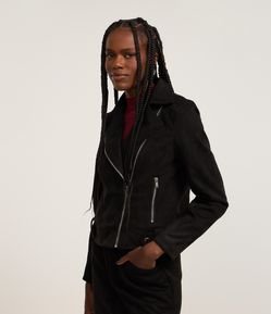 Jaqueta Biker em Suede com Bolsos e Zíper