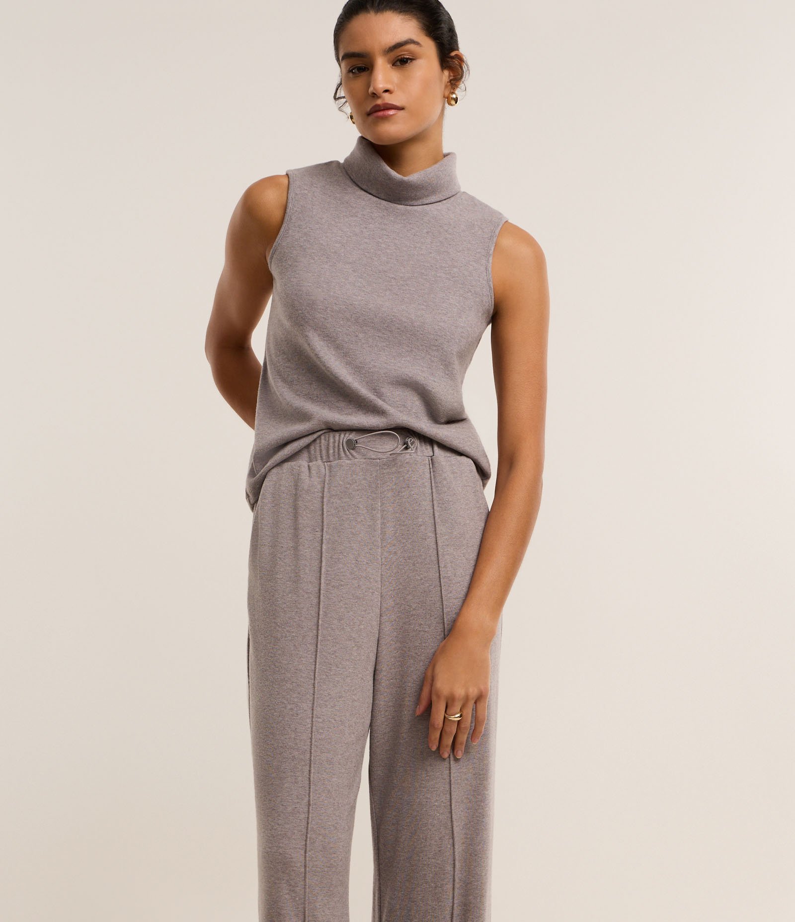 Calça Wide Leg Cintura Alta em Chenille com Malha Brushed Cinza 2