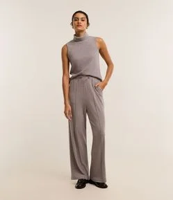 Calça Wide Leg Cintura Alta em Chenille com Malha Brushed