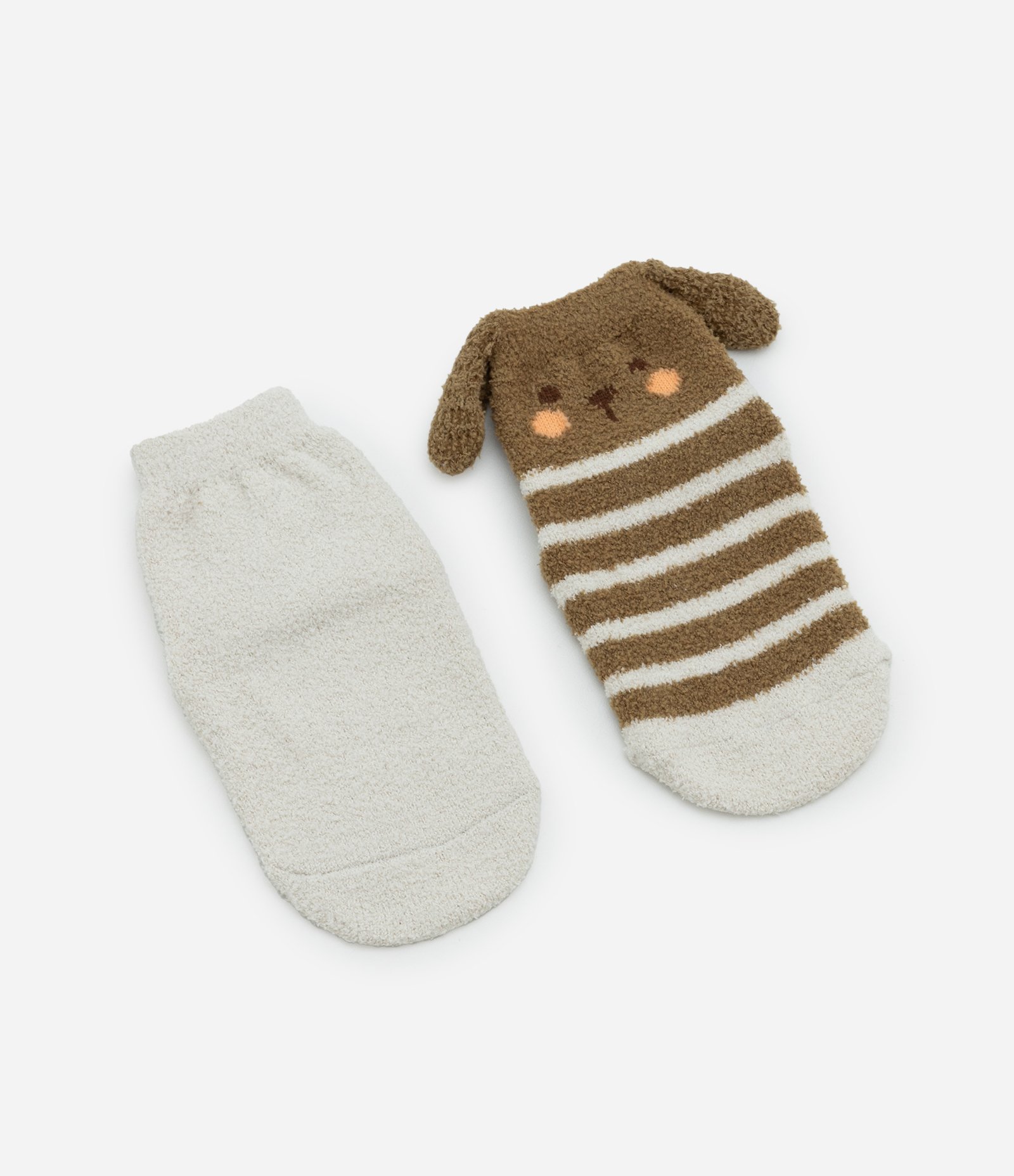 Kit 02 Meias Infantis em Chenille com Orelhinhas e Antiderrapante - Tam RN a 12 meses Branco/Marrom 1