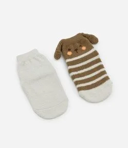 Kit 02 Meias Infantis em Chenille com Orelhinhas e Antiderrapante - Tam RN a 12 meses