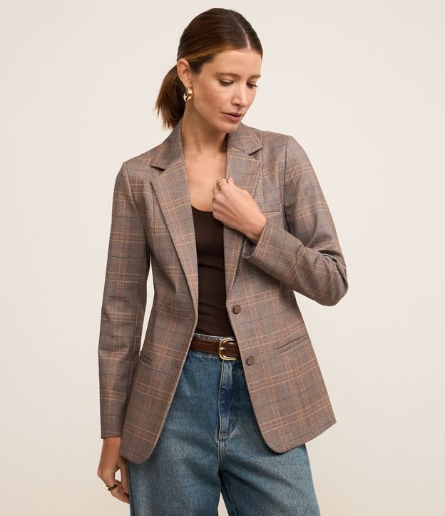 Blazer Acintura em Ponto Roma Xadrez com Botão Único