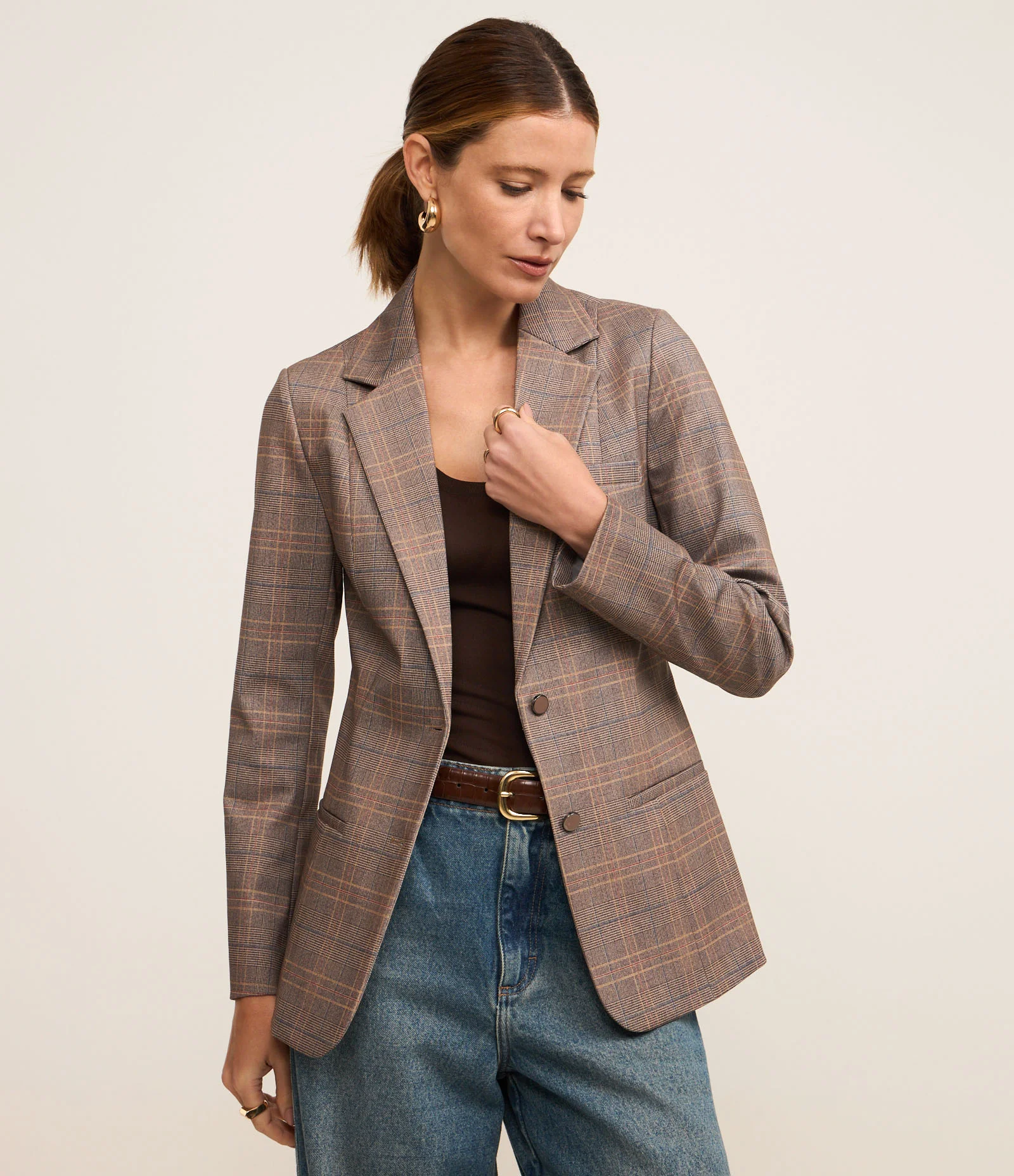 Blazer Acintura em Ponto Roma Xadrez com Botão Único Cinza 1