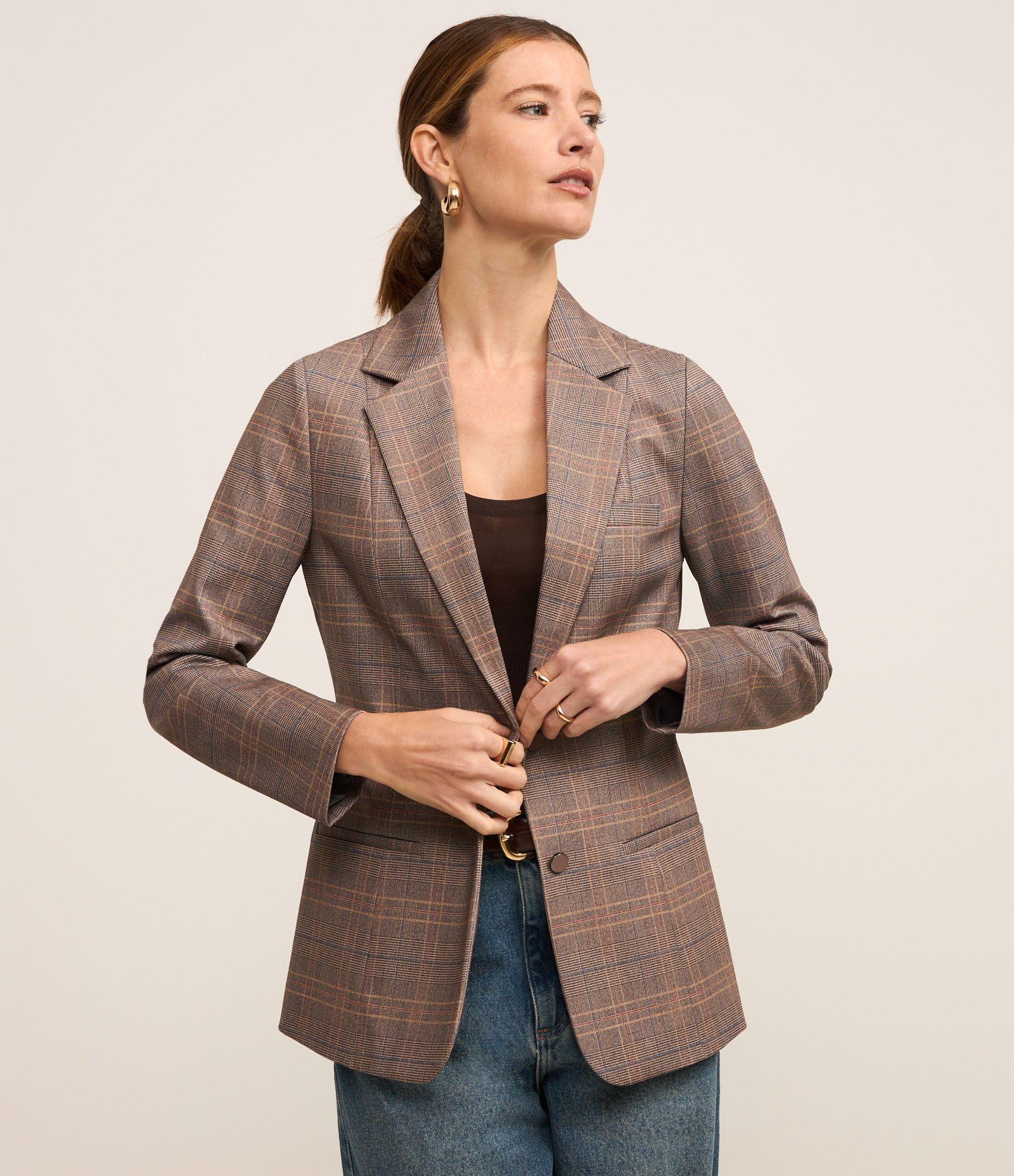 Blazer Acintura em Ponto Roma Xadrez com Botão Único Cinza 4