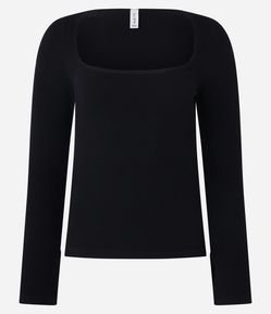 Blusa Canelada em Seamless com Decote Quadrado e Fenda no Punho