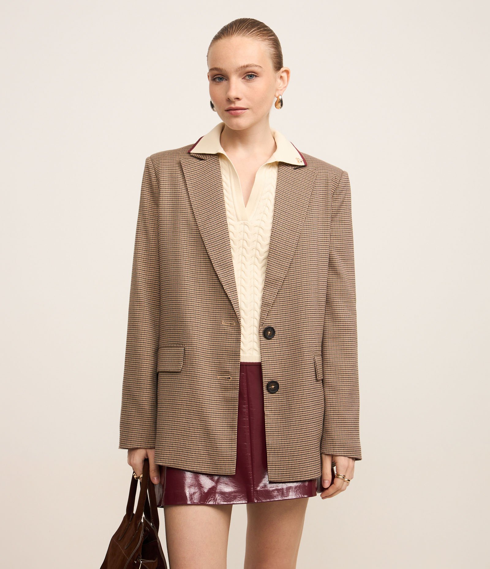 Blazer Oversized Alfaiatado com Estampa Pied de Poule Cinza 3