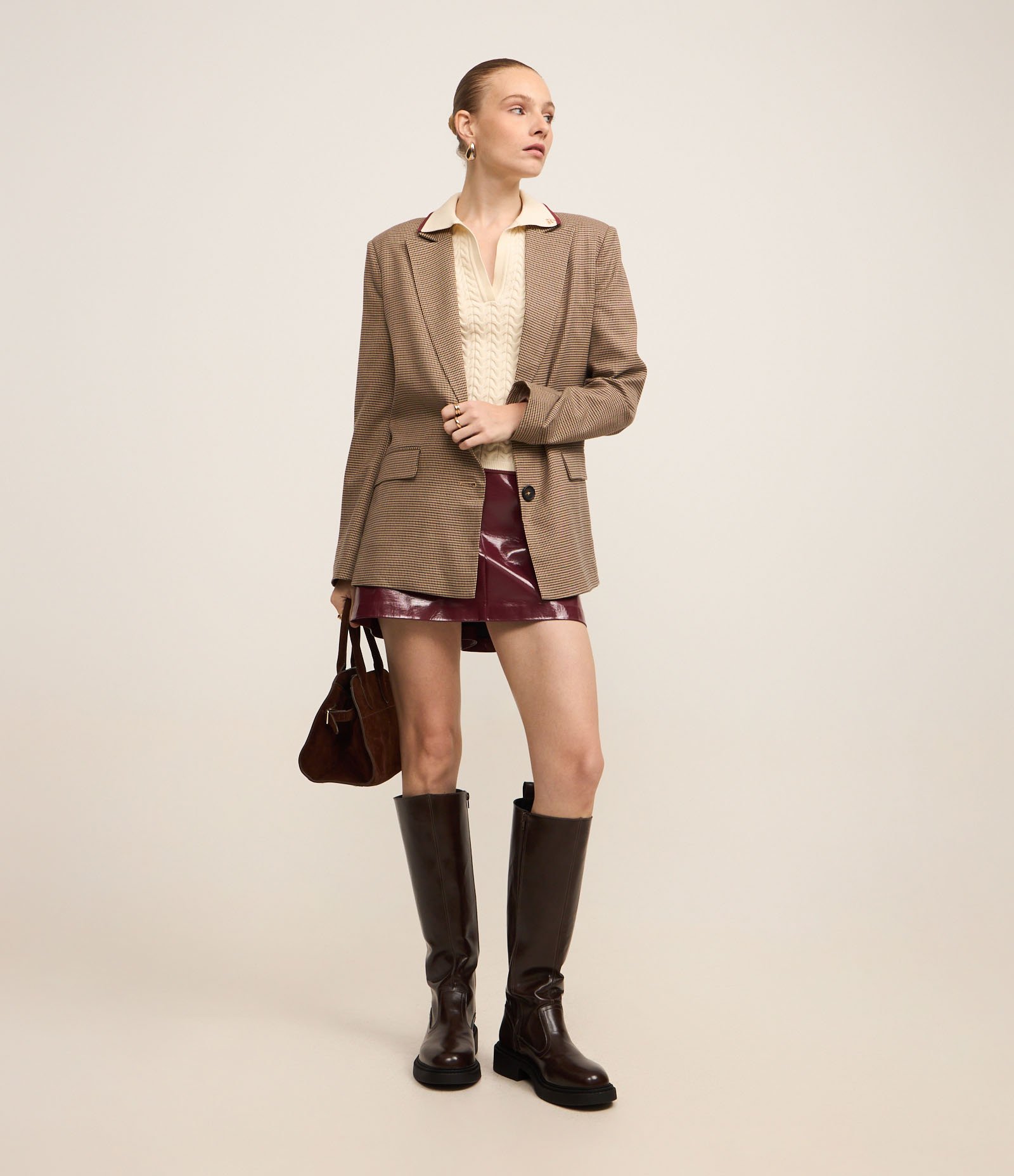 Blazer Oversized Alfaiatado com Estampa Pied de Poule Cinza 4