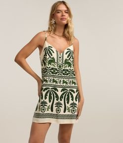 Vestido Curto em Viscose e Linho com Estampa Folhagens