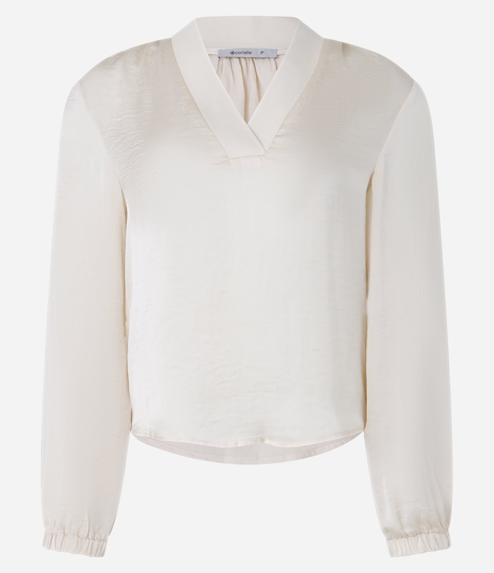 Blusa Acetinada com Decote V e Mangas Bufantes Bege 1