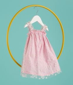 Vestido Infantil em Tule com Estampa de Florzinhas com Glitter - Tam 0 a 18 meses