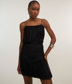 Vestido Balonê em Tule com Alça Fina e Franzidos