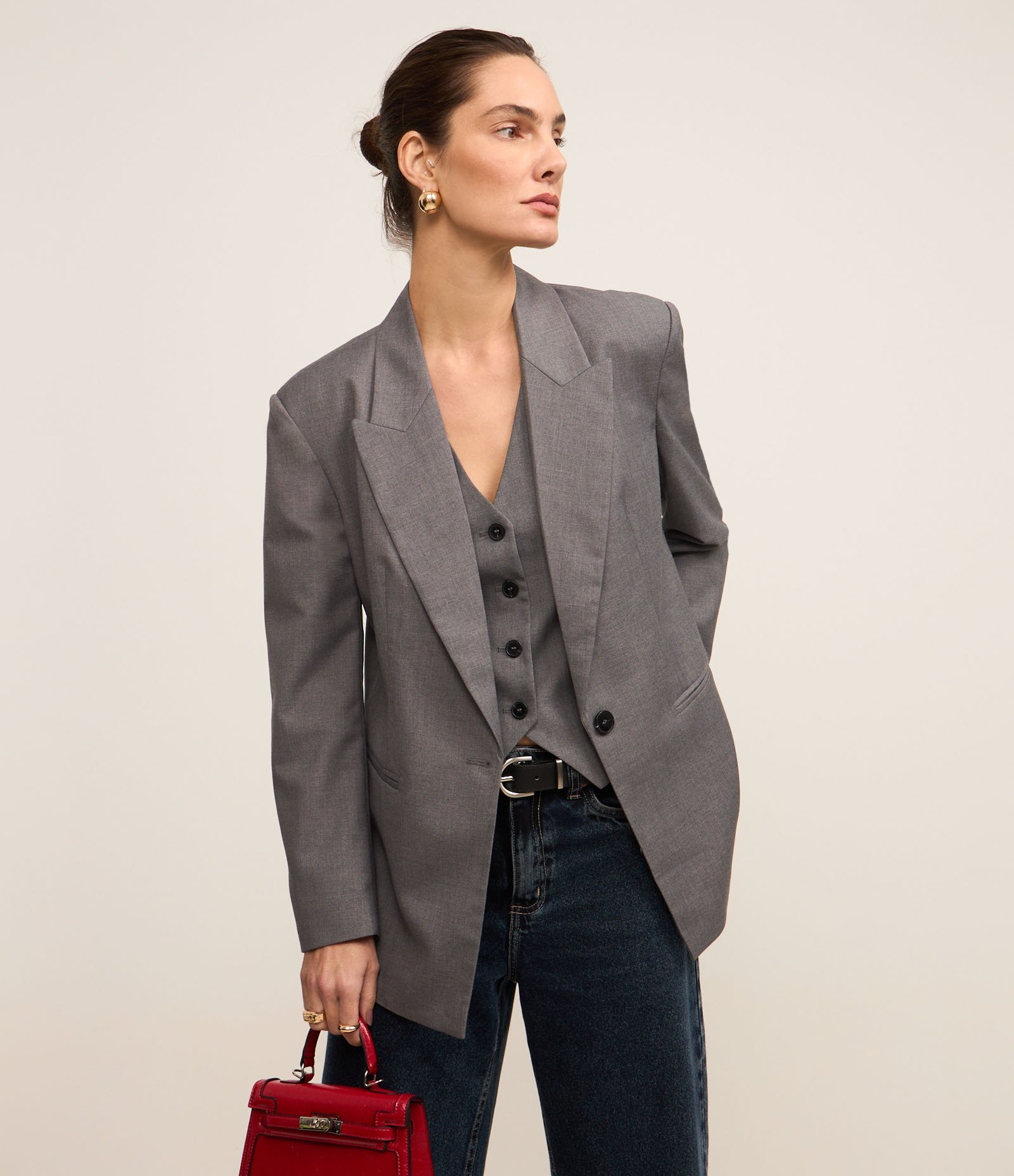 Blazer Oversized em Alfaiataria com Botão Único Cinza 1