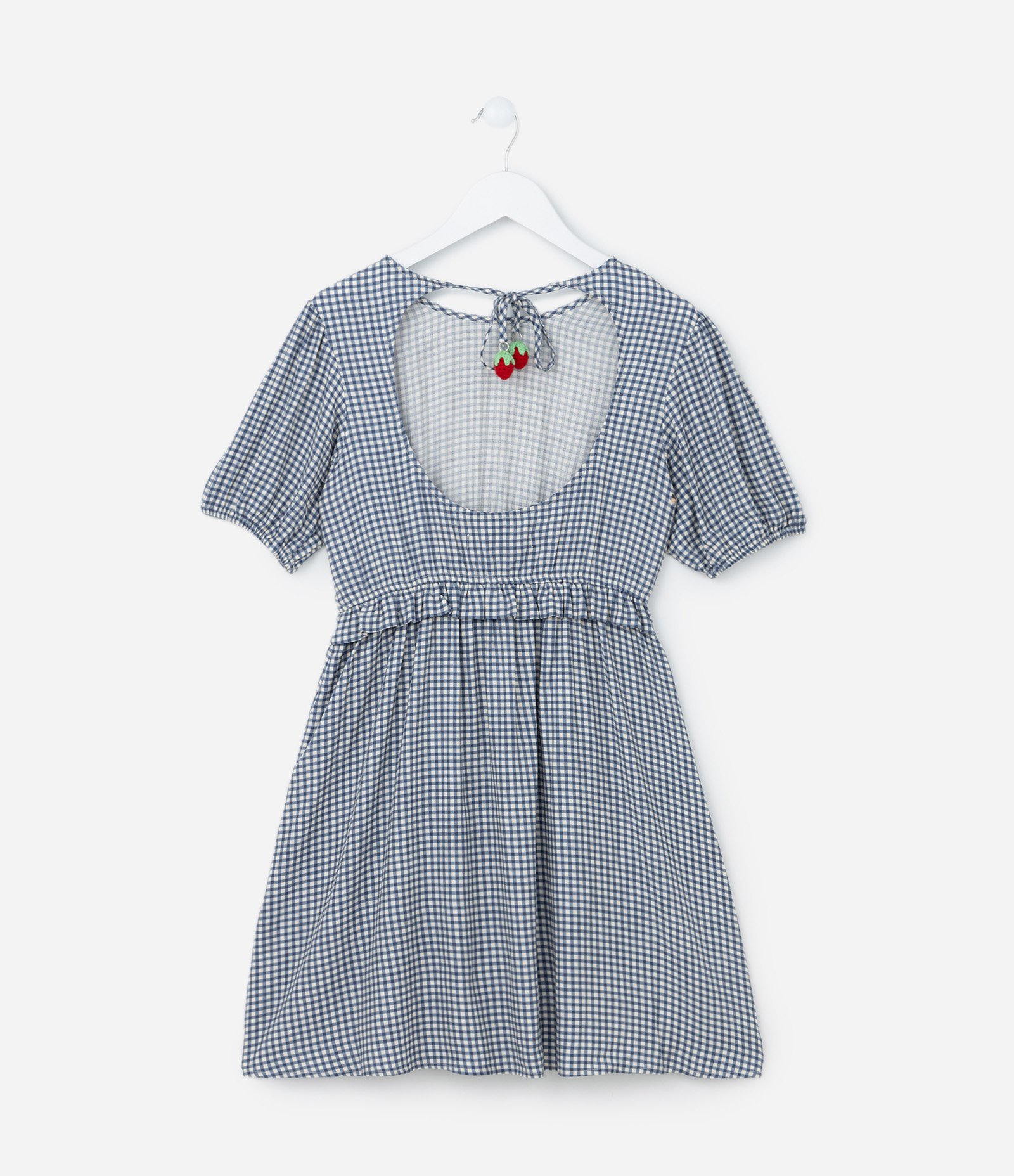Vestido Infantil com Pingente Morango e Estampa Xadrez - Tam 5 a 14 Anos Azul 2