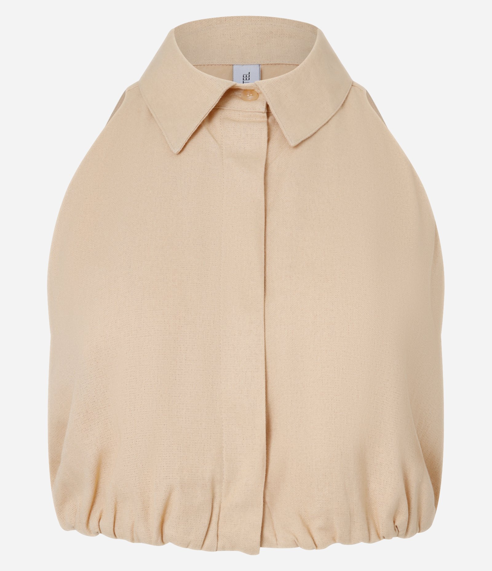 Blusa Cropped Balonê com Linho e Recorte Vazado nas Costas Bege 5