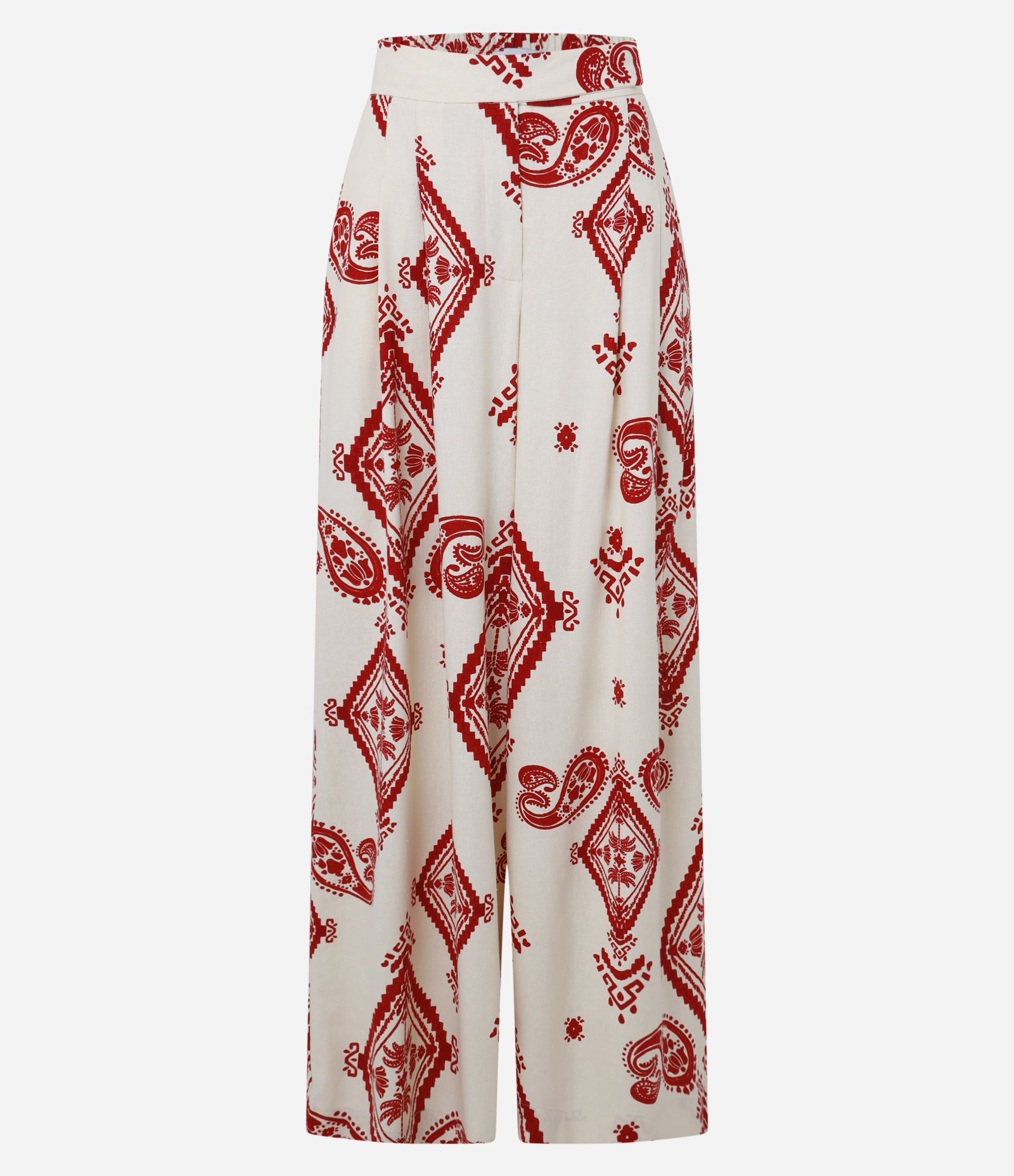 Calça Pantalona em Crepe com Pregas e Estampa Paisley Bege/Vermelho 6