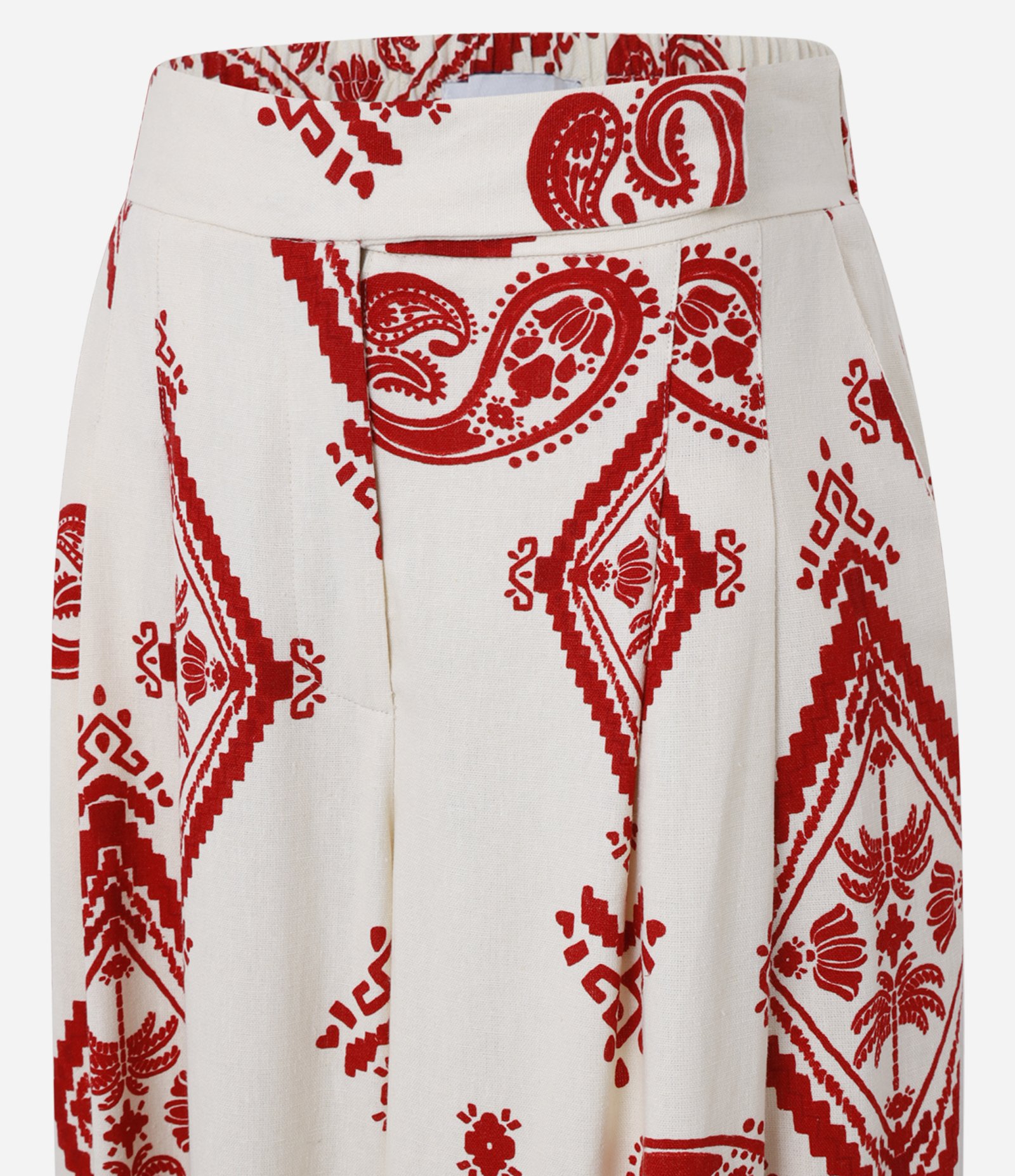 Calça Pantalona em Crepe com Pregas e Estampa Paisley Bege/Vermelho 7