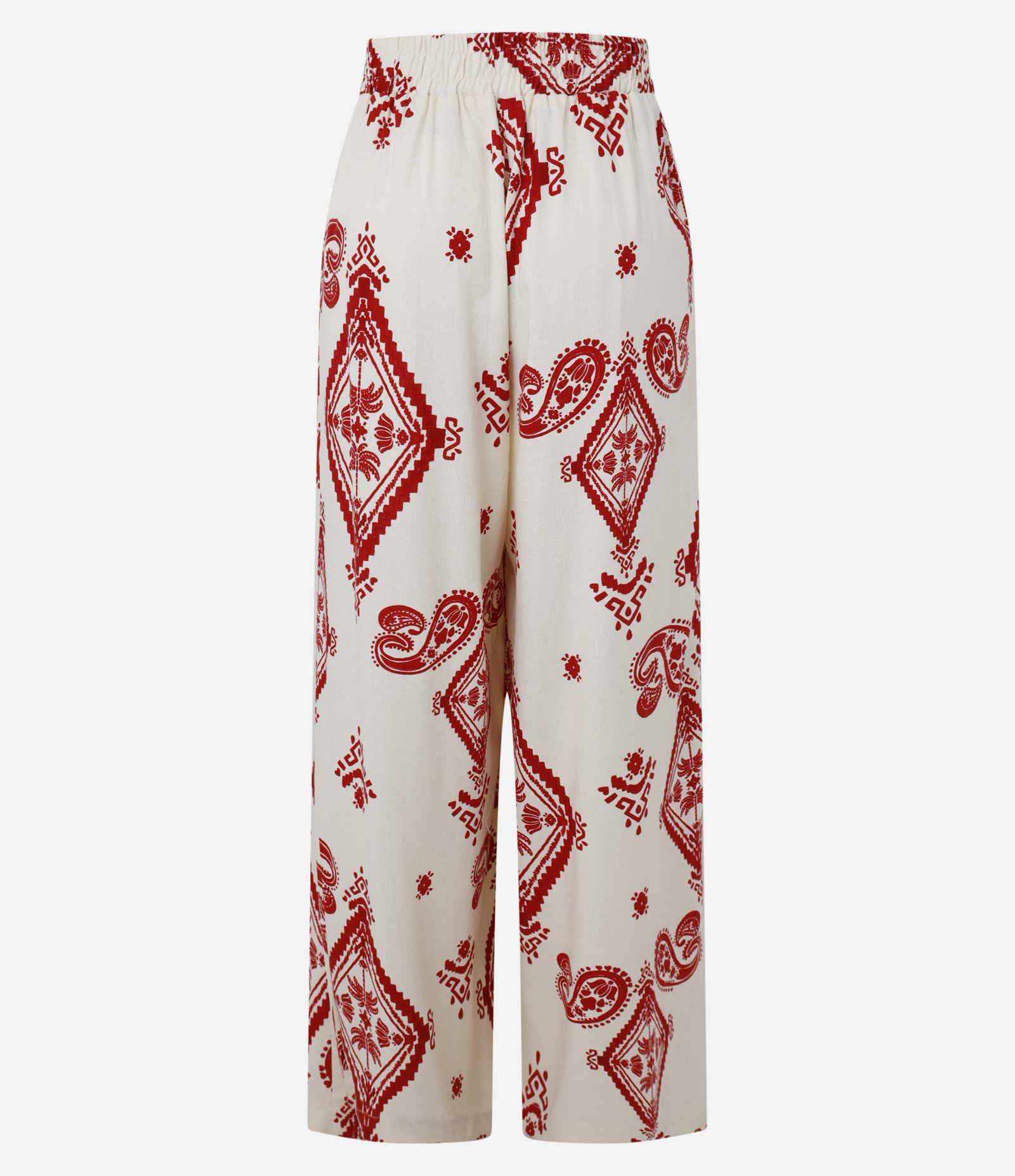 Calça Pantalona em Crepe com Pregas e Estampa Paisley Bege/Vermelho 8