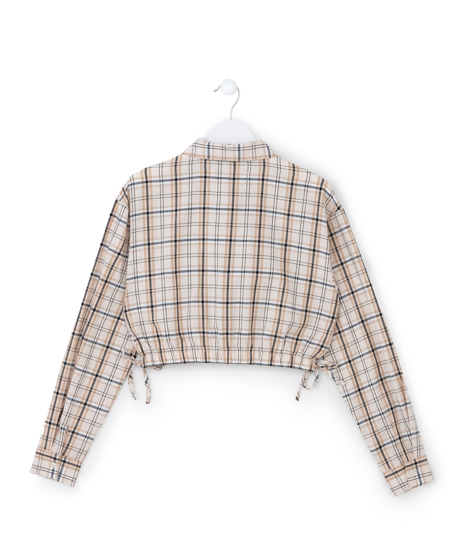 Camisa Cropped Infantil com Lacinhos e Estampa Xadrez - Tam 5 a 14 Anos Bege 2