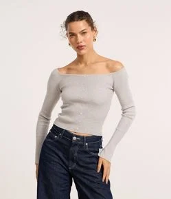 Blusa em Tricô Ombro a Ombro e Botõezinhos Frontais