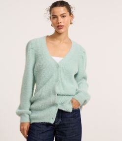 Cardigan Alongado em Tricô com Pelinhos e Punhos Canelados