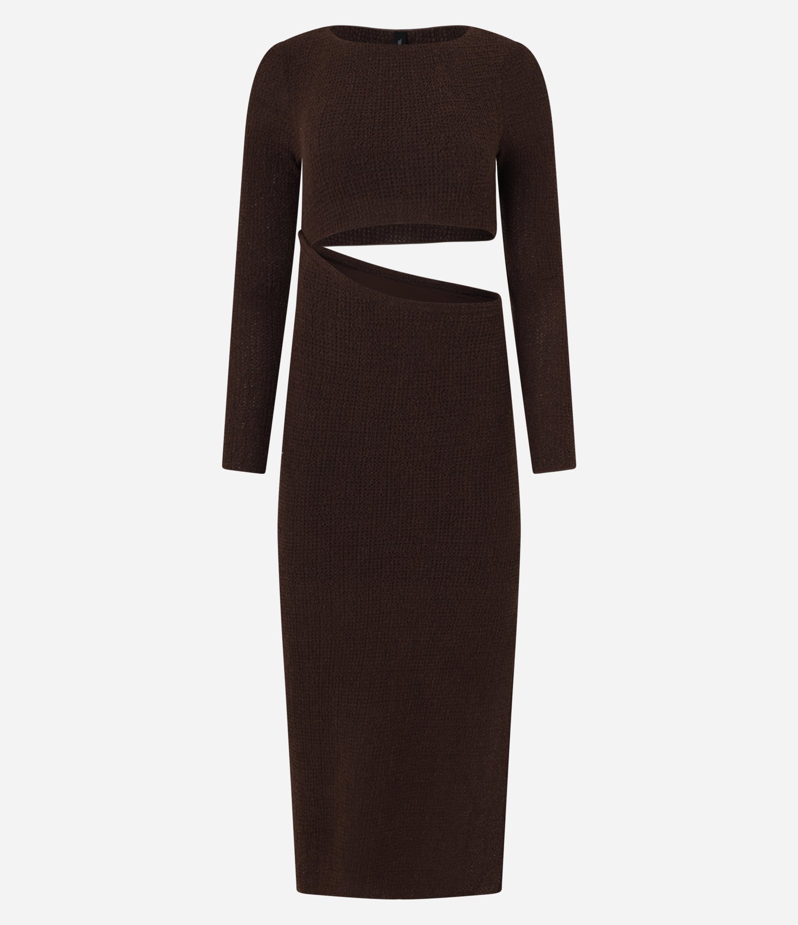 Vestido Midi Texturizado com Recorte Vazado na Cintura Marrom 7