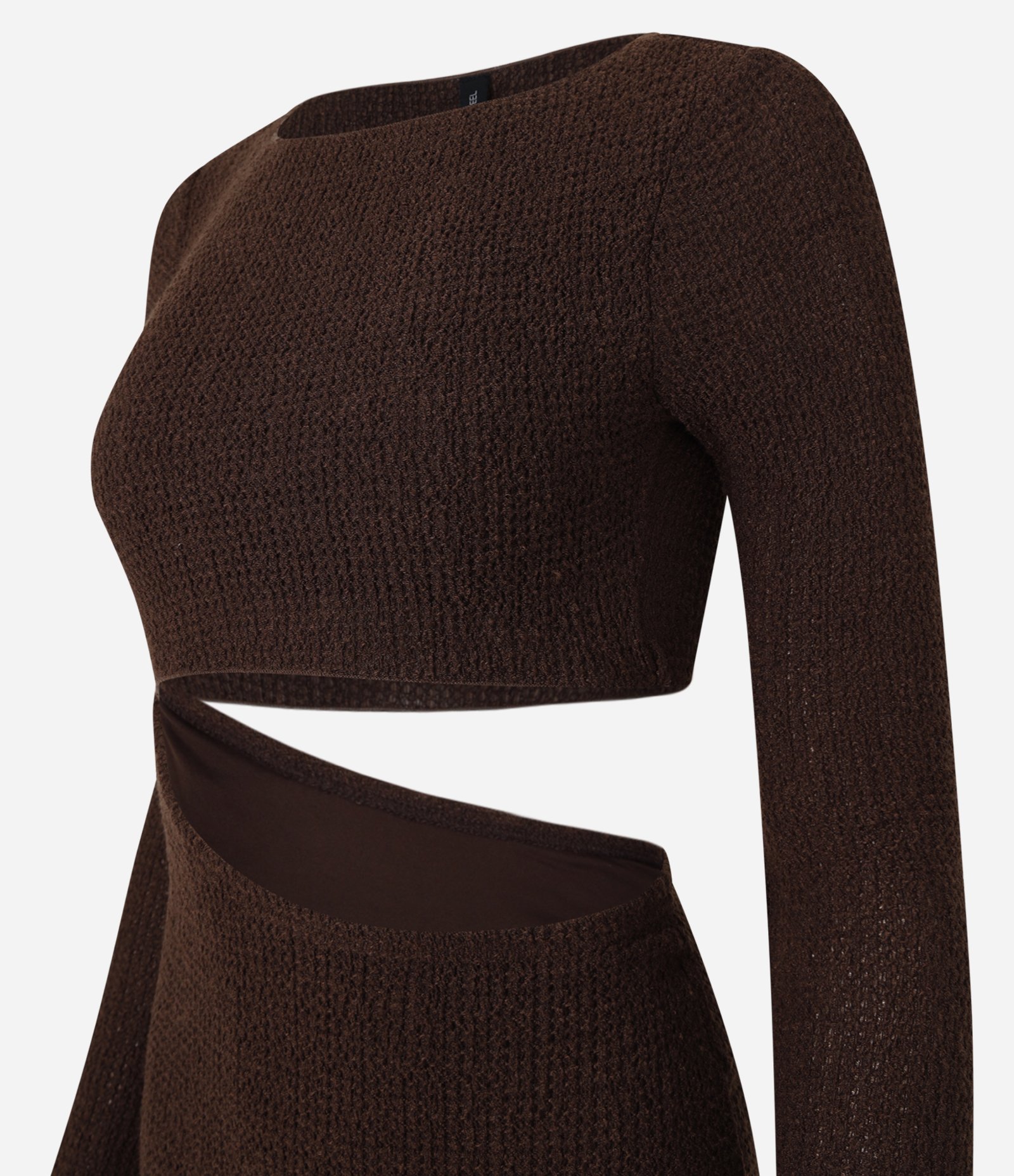 Vestido Midi Texturizado com Recorte Vazado na Cintura Marrom 8