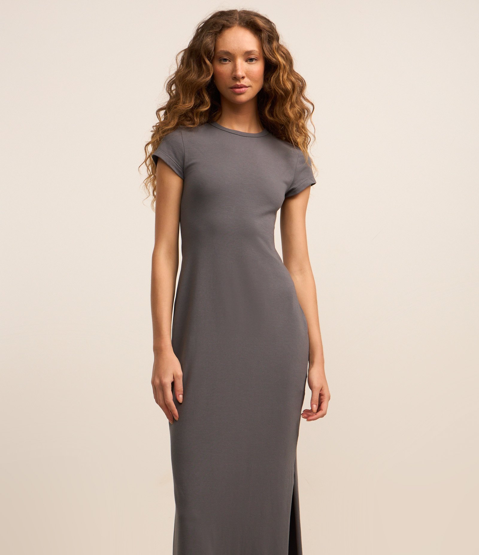 Vestido Longo em Algodão com Manga Curta Cinza Escuro 2