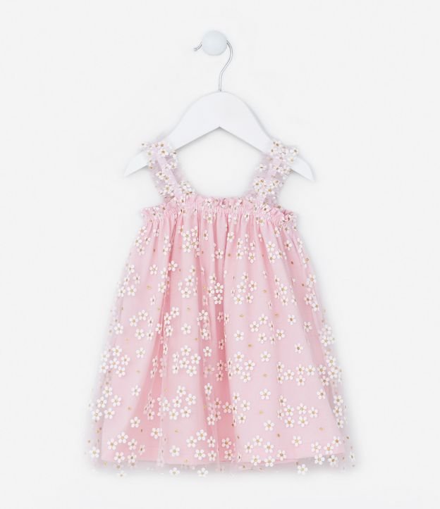 Vestido Infantil em Tule com Estampa de Florzinhas com Glitter - Tam 0 a 18 meses