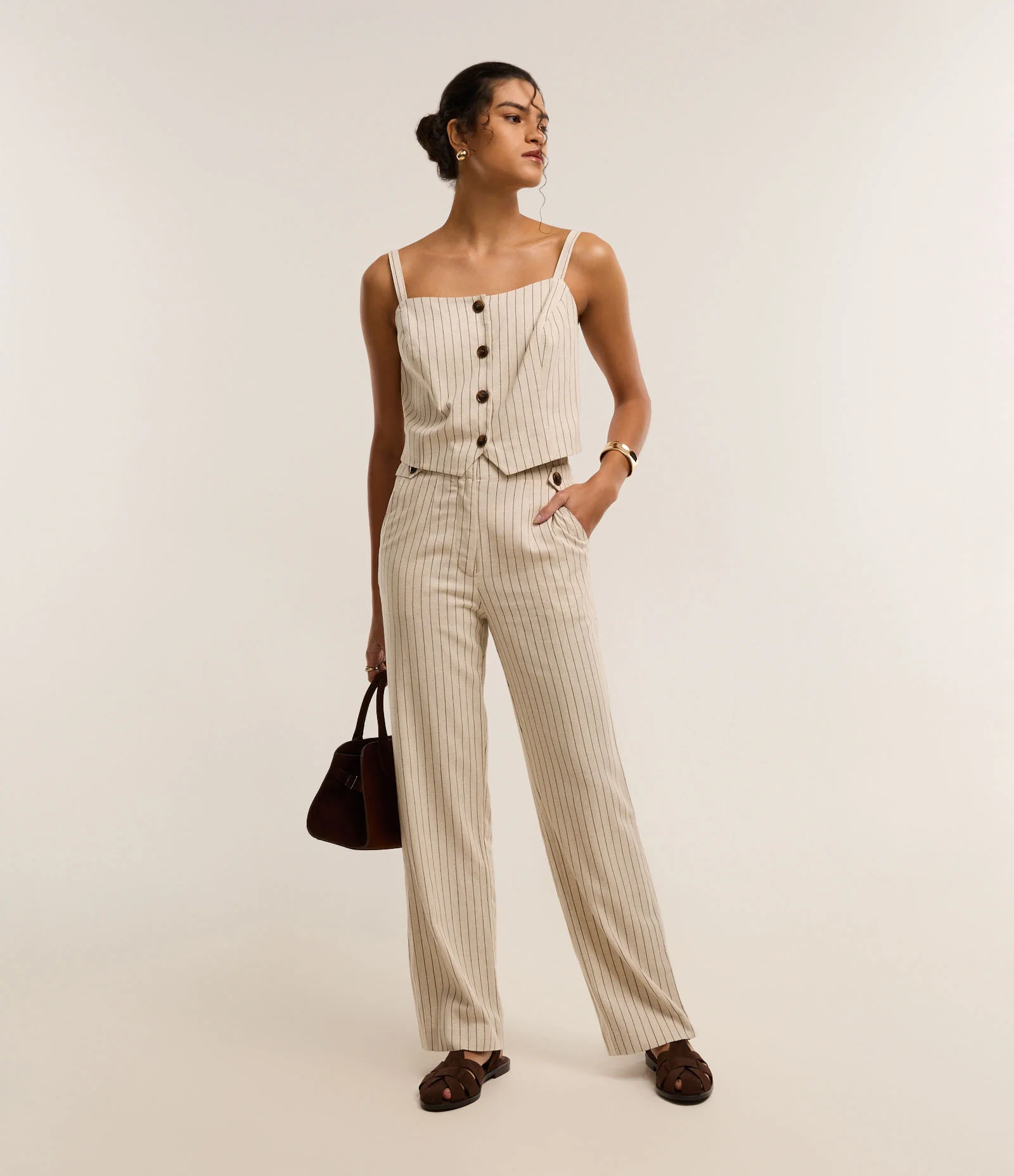 Calça Reta em Viscolinho com Listras em Fio Tinto Bege 1