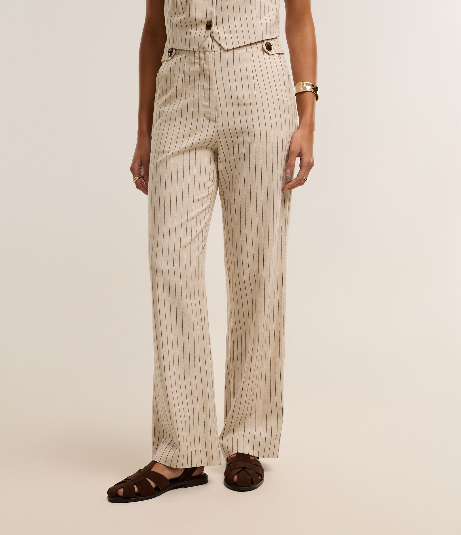 Calça Reta em Viscolinho com Listras em Fio Tinto Bege 3