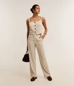 Calça Reta em Viscolinho com Listras em Fio Tinto