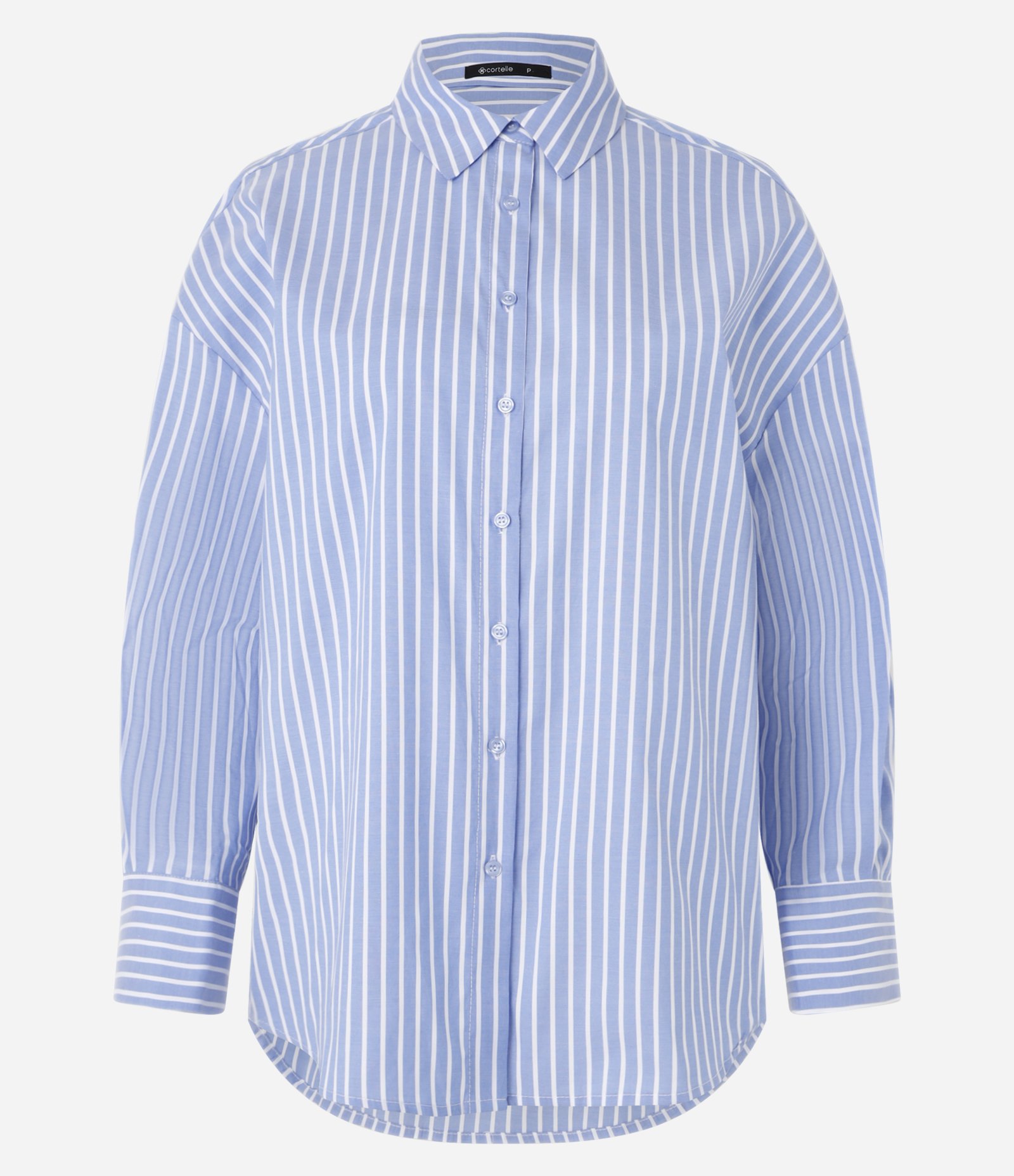 Camisa Over Alongada em Tricoline Listrado com Fio Tinto Azul 5
