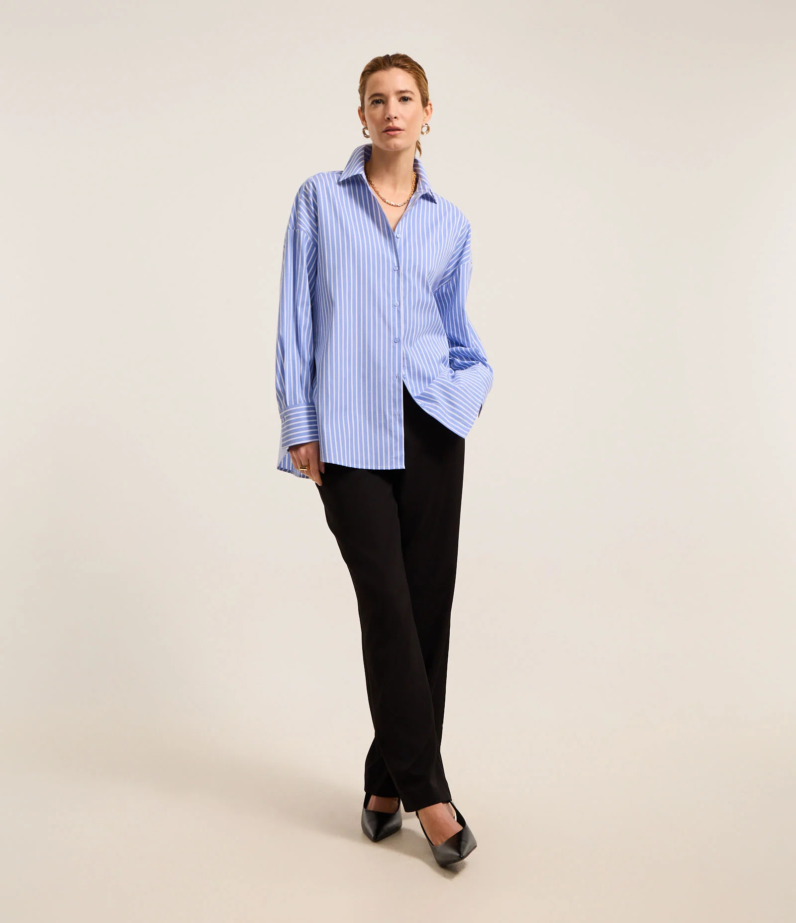 Camisa Over Alongada em Tricoline Listrado com Fio Tinto Azul 2