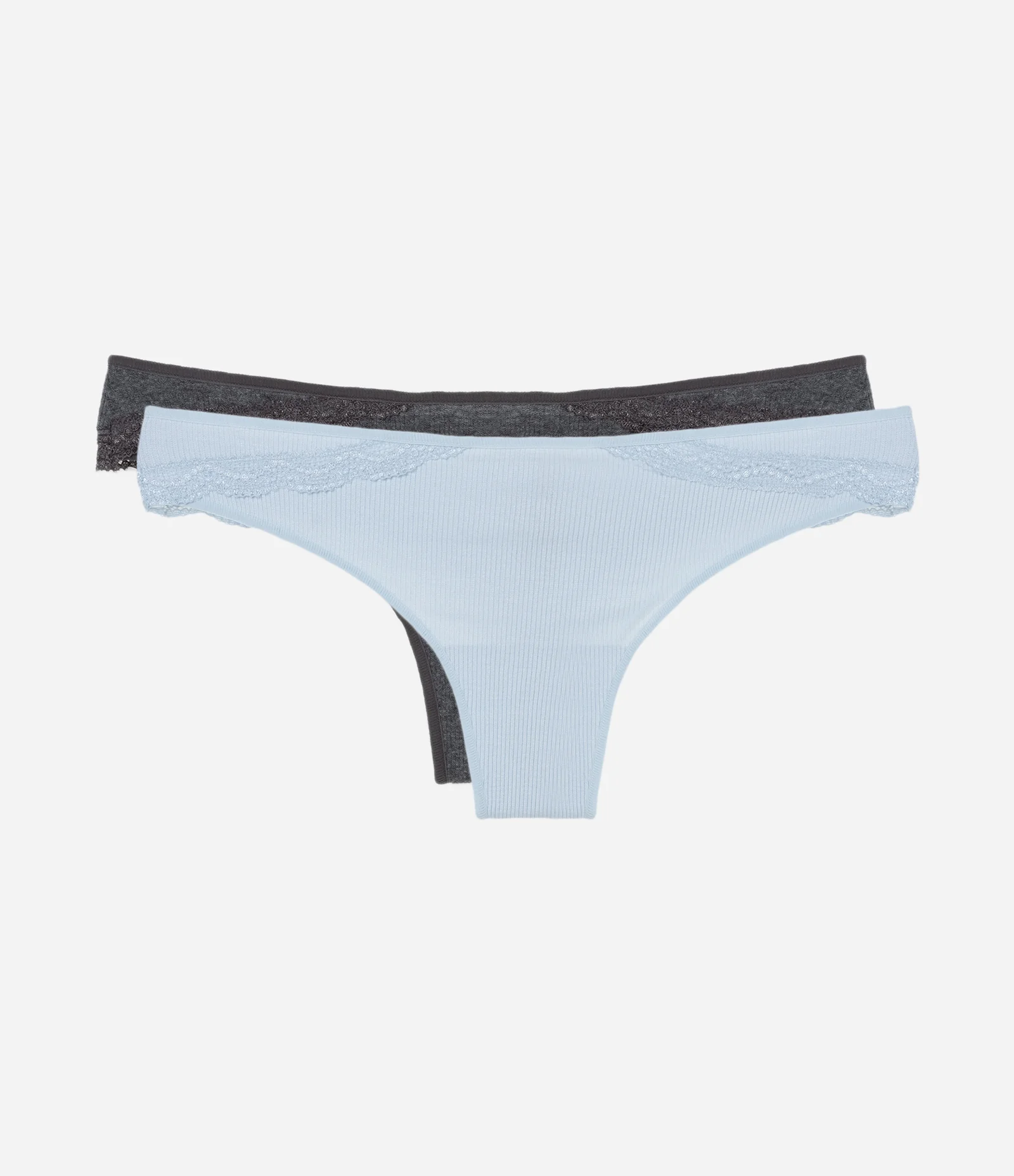 Kit 02 Calcinhas Biquíni em Viscose Canelada com Renda Azul/Preto 1